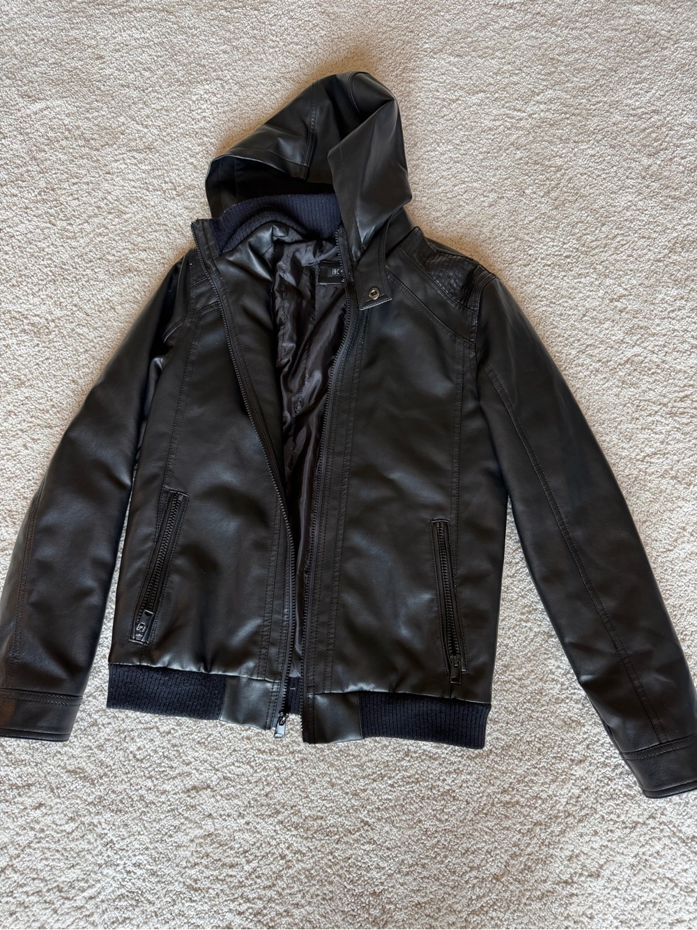 Women’s NYC Black Hooded Faux Leather Jacket